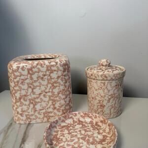 Pink Spongeware Bathroom Vanity Set Tissue Box, Soap Dish, Jar W Lid Blush Pink
